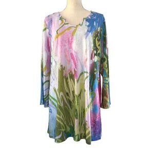Trisha Tyler Womens Tunic Top Watercolor Print 3/4 Sleeve Size 1X